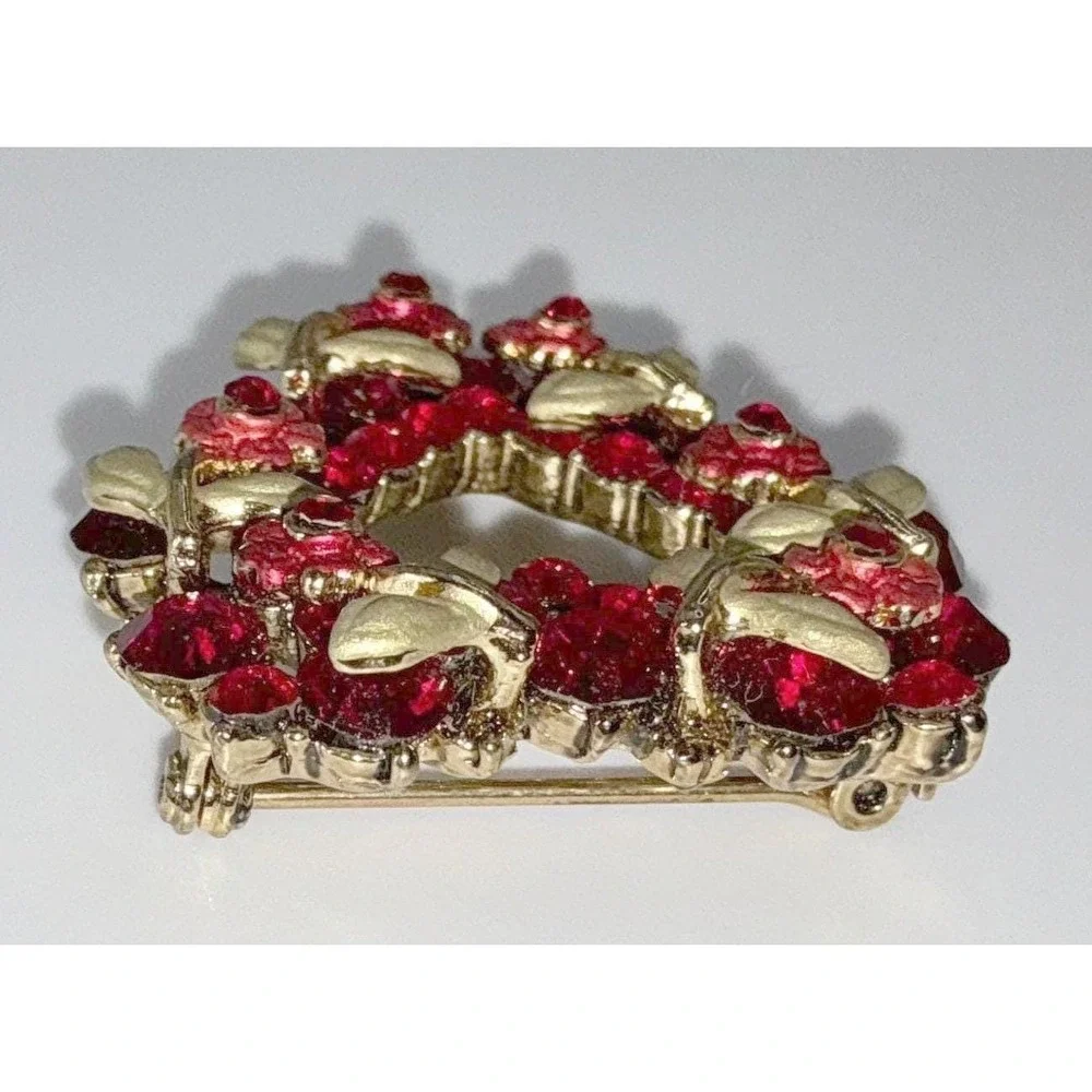 Vintage Red Rhinestone Floral Heart Brooch Gold Tone Flower‎ Valentine Pin